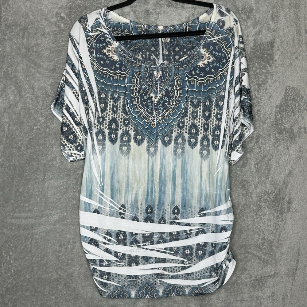 Bleeker & McDougal 1X Top Shirt Blue Paisley Short Sleeve Scoop Neck Ruched
